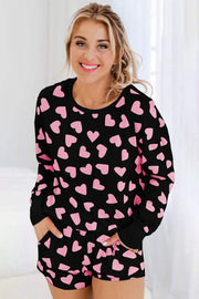 Pink Heart Print Loungewear Set with soft pink heart pattern, cozy fabric, perfect for lounging and casual outings.