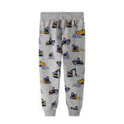 Boys spring and autumn pants with a playful construction vehicle pattern, featuring adjustable waistband and durable fabric.
