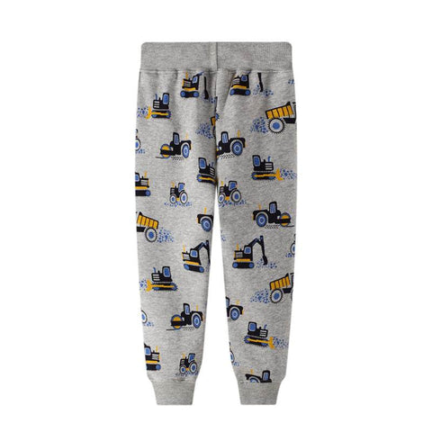 Boys spring and autumn pants with a playful construction vehicle pattern, featuring adjustable waistband and durable fabric.