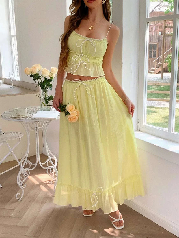 Frill Square Neck Cami and Skirt Set in yellow with delicate frills, square neckline, and A-line skirt.