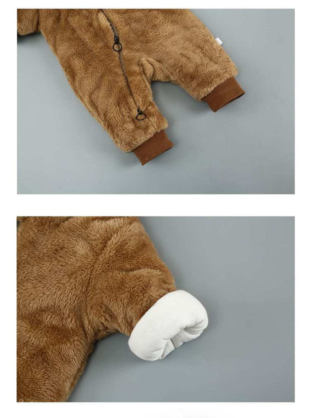 Warm baby cotton onesie in brown with cuffs and zipper closure.