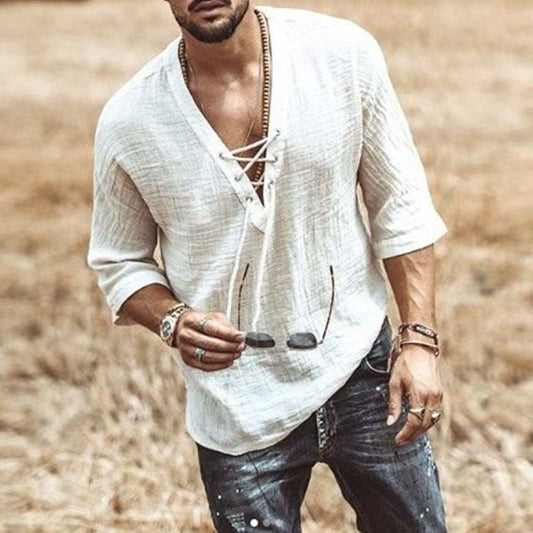 Lace-up mid sleeve t-shirt in white, featuring a stylish neckline design and soft fabric for comfort.