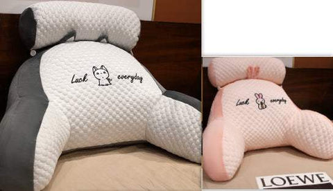 Fluffy Sofa Cushion Pillow with ergonomic design in white and pink, featuring "Luck everyday" embroidery.
