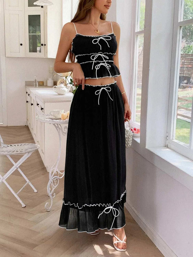 Frill square neck cami and skirt set in black with delicate frills and tied design, chic and elegant fashion outfit.