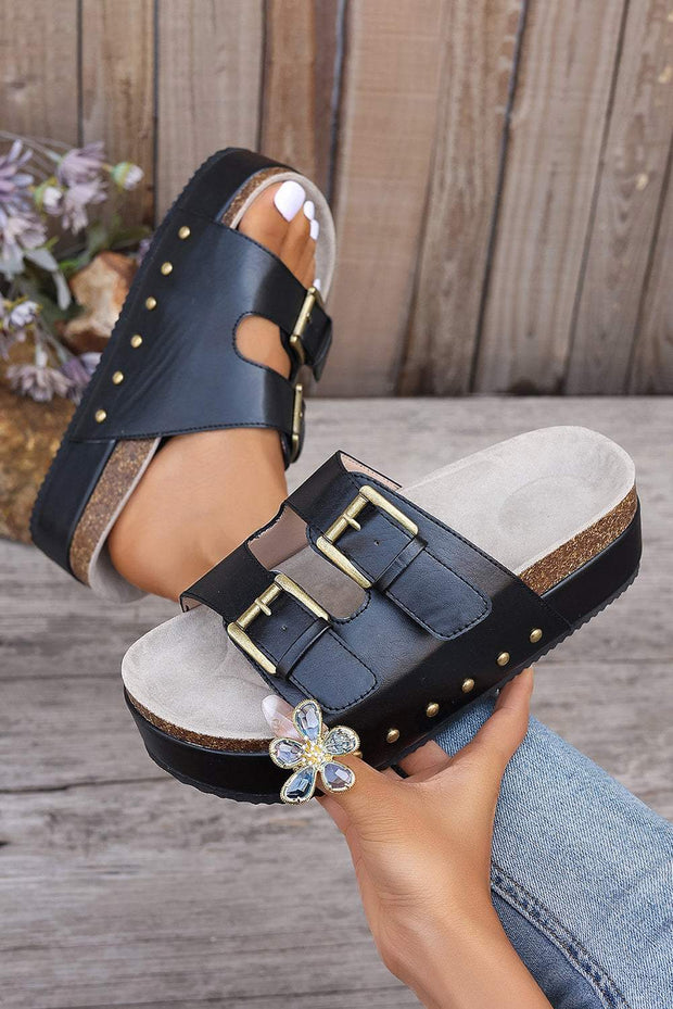 Chestnut Studded Platform Slides with dual buckle design and gold stud accents.