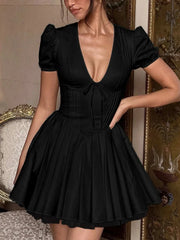 V-Neck Short Sleeve Mini Dress in black with deep V-neckline and flared skirt.
