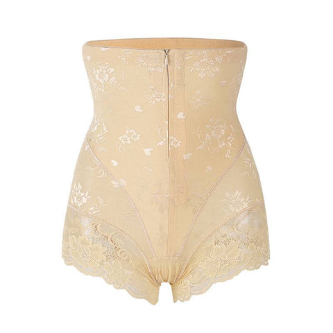 Lace high waist belly zipper pants in skin tone with elegant lace details.