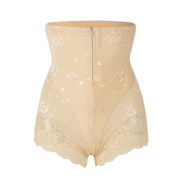 Lace high waist belly zipper pants in skin tone with elegant lace details.