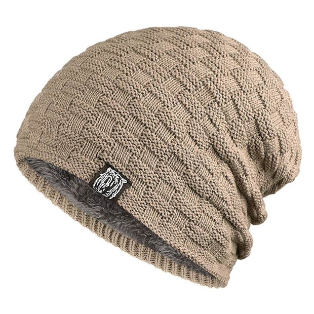 Khaki Tiger Label Fleece Hat with unique tiger design, offering warmth and comfort.