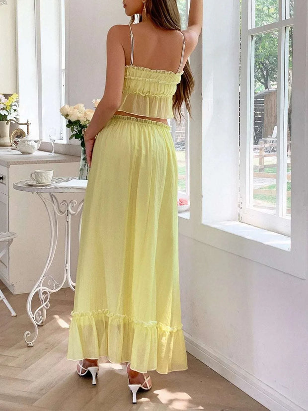 Frill Square Neck Cami and Skirt Set in yellow with delicate frills, shown in a bright indoor setting.
