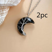 Moon Tree of Life Necklace with crystal pendant and water wave chain, elegant women's jewelry.