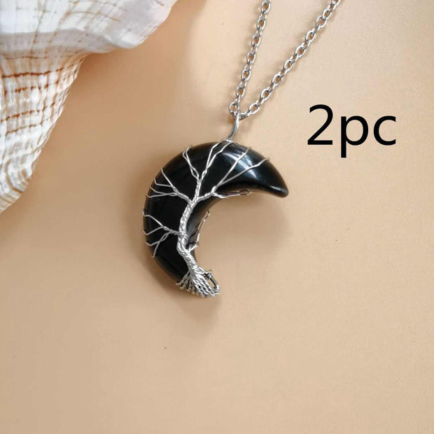 Moon Tree of Life Necklace with crystal pendant and water wave chain, elegant women's jewelry.