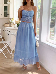 Frill Square Neck Cami and Skirt Set in blue with feminine frill details and A-line skirt, perfect for chic style.