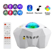 Northern Lights Star Projector with multiple colors, Bluetooth connectivity, music synchronization, and remote control.