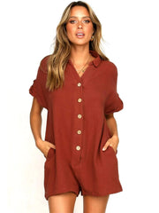 Button Front Short-Sleeve Romper in brown with button-down design and side pockets.