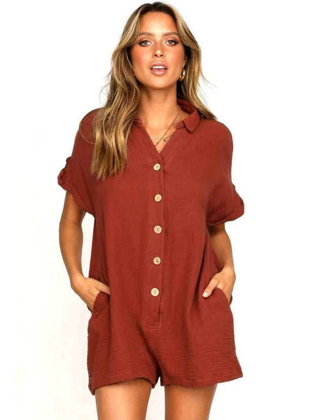 Button Front Short-Sleeve Romper in brown with button-down design and side pockets.