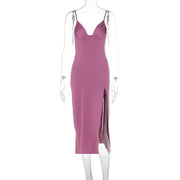 Bodycon Spaghetti Strapless Dress in light purple with a flattering bodycon silhouette and side slit.
