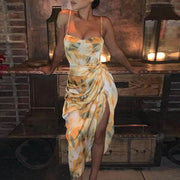 Summer Sexy Sling Dress with vibrant yellow print and elegant slit, perfect for warm-season events.