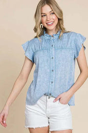 Lime N Chili Flutter Sleeve Button Down Shirt with mineral wash fabric and frill details.