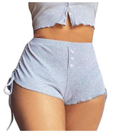 Drawstring Shorts in silver gray, featuring adjustable waist and button detail.