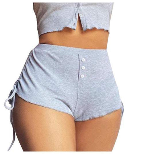 Drawstring Shorts in silver gray, featuring adjustable waist and button detail.