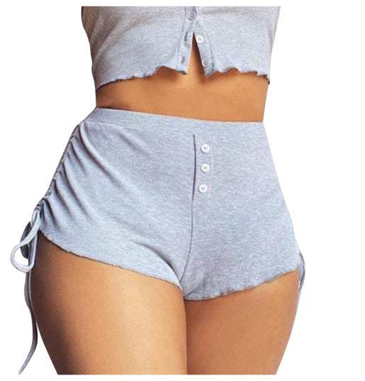 Drawstring Shorts in silver gray, featuring adjustable waist and button detail.