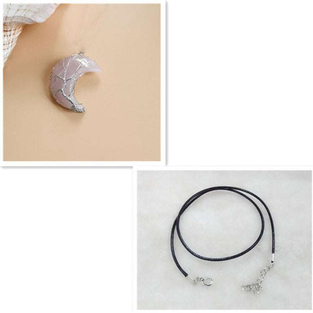 Moon Tree Of Life Necklace with crescent pendant and black leather chain.