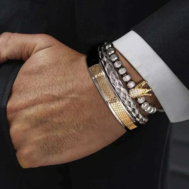 Handmade men crown bracelets on wrist, gold-plated crown charm, stainless steel, pave CZ beads.
