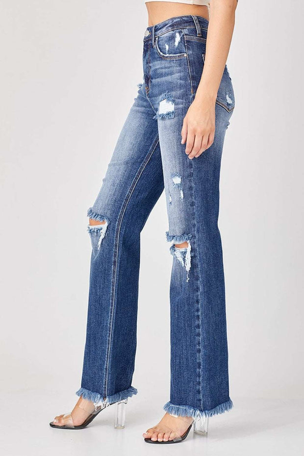 RISEN Distressed Straight Jeans with trendy rips, high-rise waist, and raw hem.