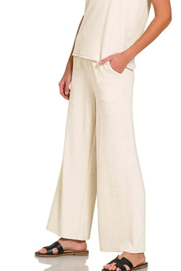 Zenana Cotton Slub Tank and Pants Set in sand beige, featuring a sleeveless top and elastic waistband pants for casual comfort.