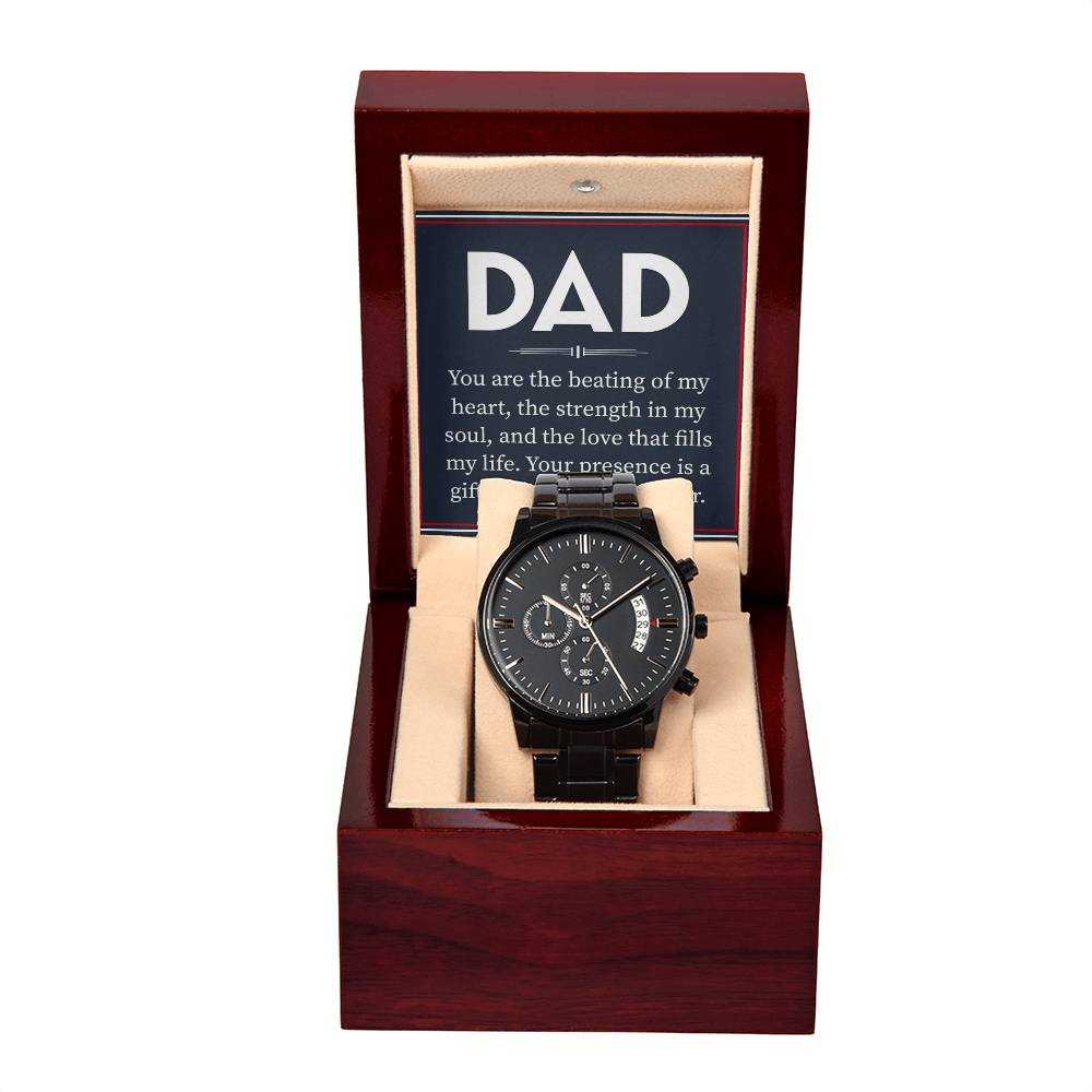 Black Chronograph Watch for Dad – Your Presence Is a Gift with black stainless steel strap and copper dial from Hot Topic Goods