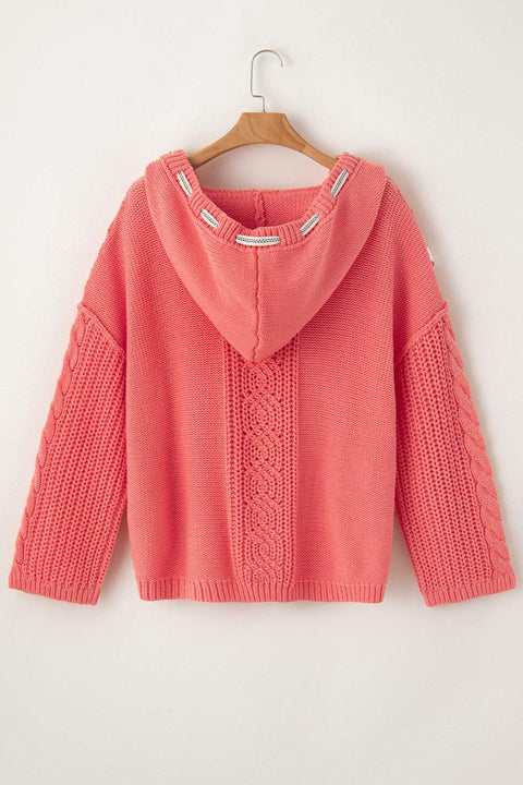 Cable-Knit Hooded Sweater with adjustable drawstring in salmon pink color.