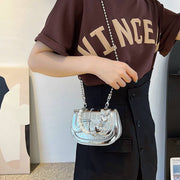 Silver Laser Pearl Girl Tote with chain strap and stylish laser-cut design.