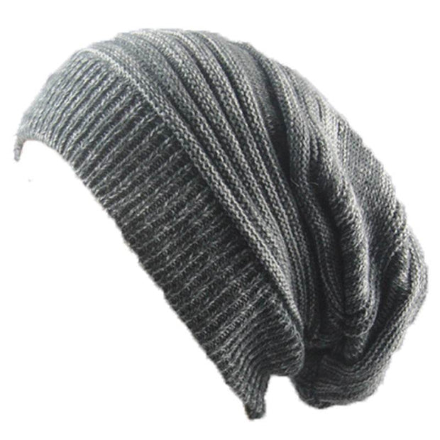 Two-color pleated pullover hat in dark gray.