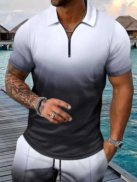 Gradient Collar Top in black and white, casual short-sleeve style with a zippered neckline, perfect for summer and casual outings.