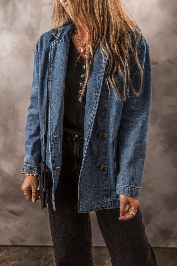 Pocketed Denim Jacket with button-up front and functional pockets for versatile style.