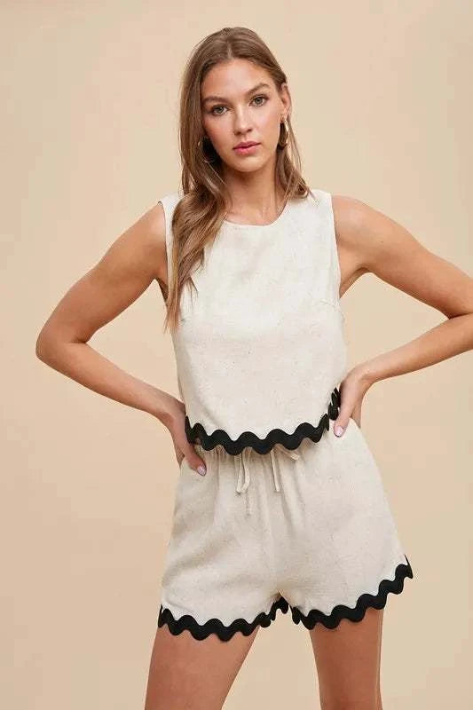 Annie Ric Rac Top and Shorts Set with vintage flair, ric rac trim, and relaxed fit.