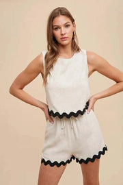 Annie Ric Rac Top and Shorts Set with vintage flair, ric rac trim, and relaxed fit.