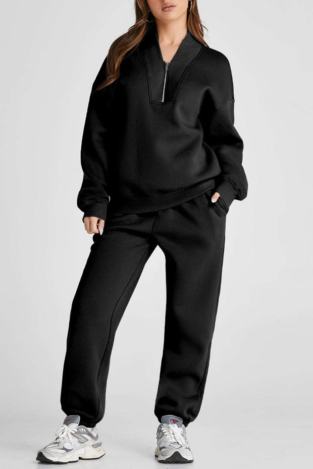 Black Quarter Zip Top and Pants Set, long sleeves, chic zip neckline, comfortable fit, soft breathable fabric, two-piece casual outfit.