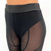Women's mesh leggings with elegant design and mid-waist fit in black.