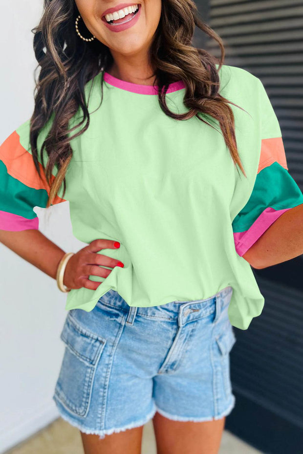 Green Color Block Oversize Top with round neckline and vibrant sleeves.
