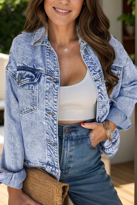 Dropped Shoulder Denim Jacket with relaxed fit and practical pockets.