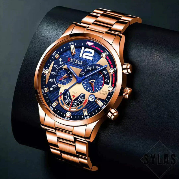 Luxury men's business watch with a classic design and stainless steel band.