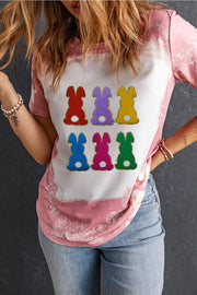 Rabbit Round Neck Tee with colorful rabbit graphic on pink background, casual style.