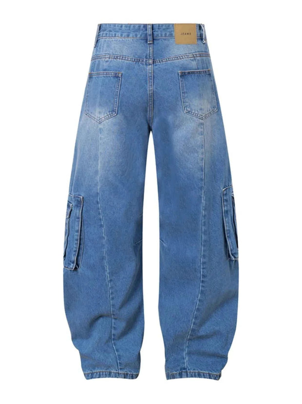 Back view of men's blue wide leg cargo jeans with pocket details and relaxed fit