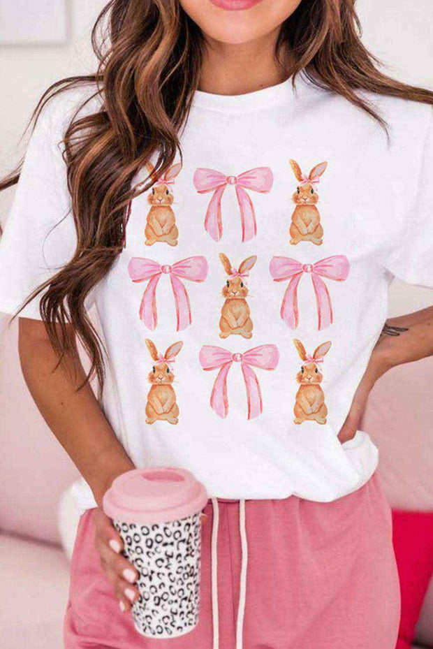 White Rabbit T-Shirt with cute rabbit and bow graphic, casual style.