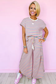 Rainbow Stripe Tee and Wide Leg Pants Set with tassel drawstrings, vibrant colors, and casual fit.