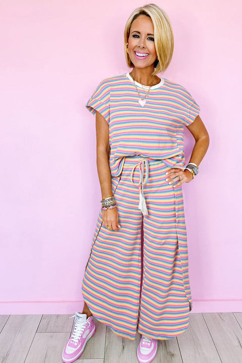 Rainbow Stripe Tee and Wide Leg Pants Set with tassel drawstrings, vibrant colors, and casual fit.