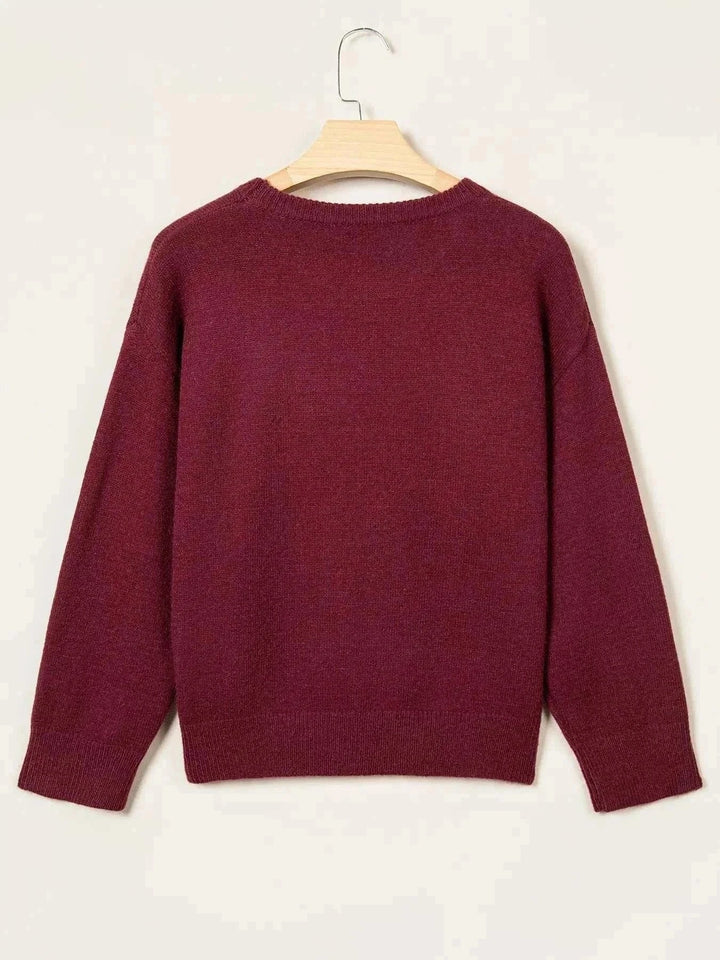Candy Cane Christmas Sweater in solid burgundy knit with long sleeves, ribbed cuffs and hem, shown from the back
