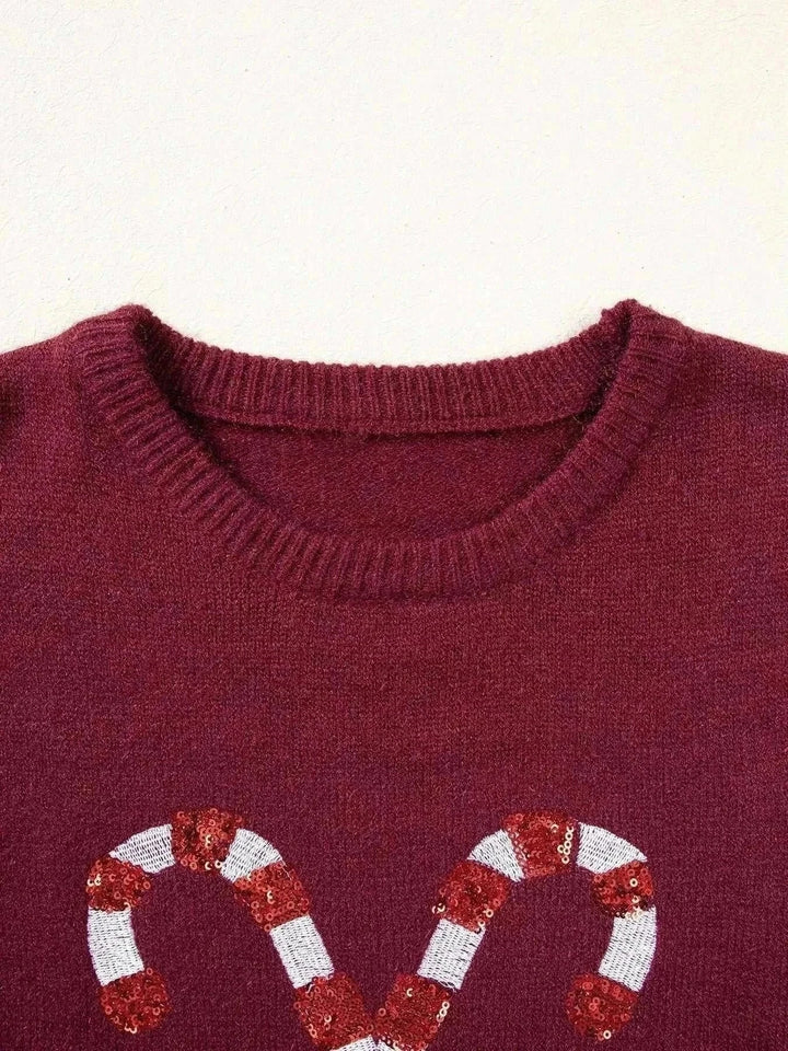 Candy Cane Christmas Sweater in burgundy knit with a crew neckline and two red-and-white sequined candy cane motifs